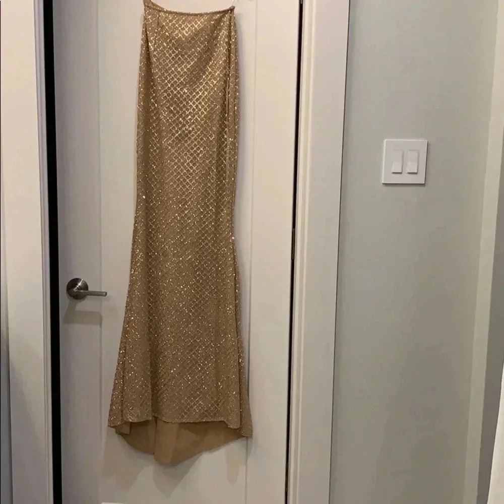 Love & Lemonade Gold Embellished BodyCon Long Dress One-Shoulder XS NWT